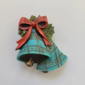 Vintage Pin Brooch Christmas Bell Turquoise Color Red Ribbon Gold Trim